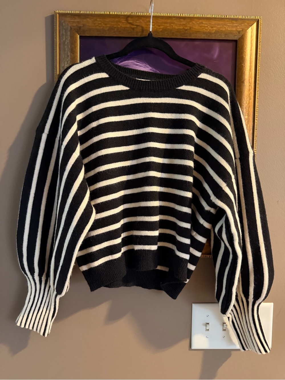 Mello Los Angeles Black Ivory Striped Balloon Sleeve Sweater NWOT Size M